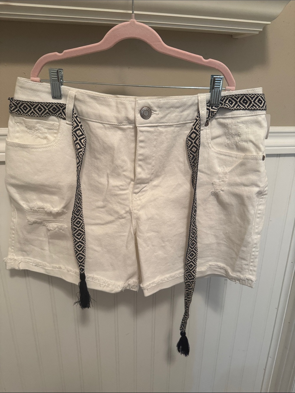 Maurices Cream Denim Shorts with Black Patterned Waist Tie